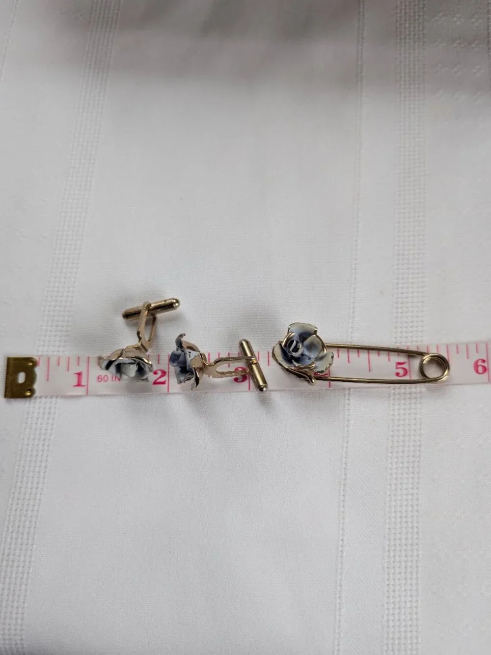 Vintage Cornflower Blue Enameled Rose Cufflinks and Tie Pin Set